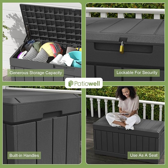 Patiowell 82 Gallon Resin Deck Box, Waterproof Large Wood Look Storage Box for Patio Furniture, Pool Accessories, Garden Tools and Sports Equipment, Lockable, Black Patiowell