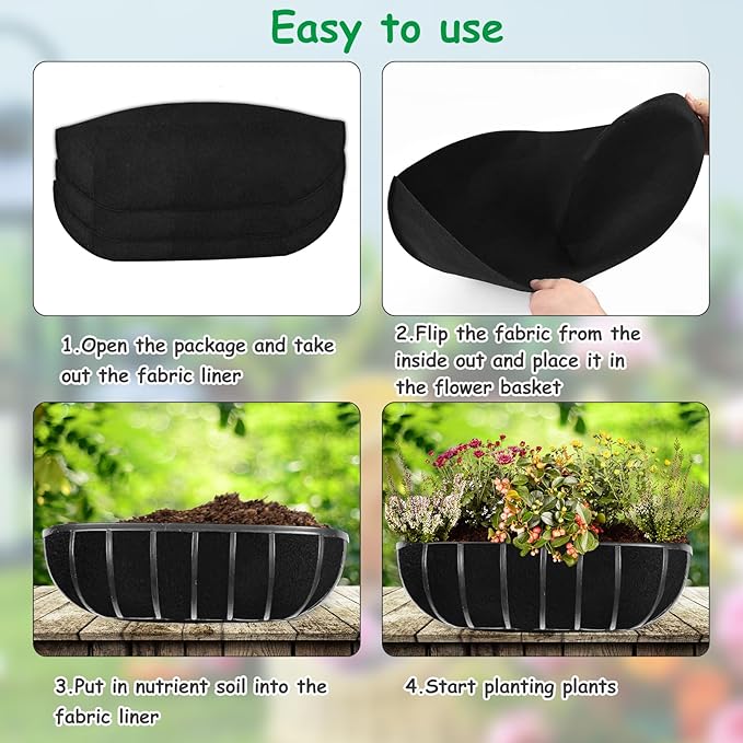 3PCS 36 Inch Planter Basket Liners Fabric Window Box Liners Felt Trough Planter Liner Replacement Black Flower Basket Liner Non-Woven Hanging Plant Liner for Planters Garden Fence - Avoid Bird Nesting Emsiok