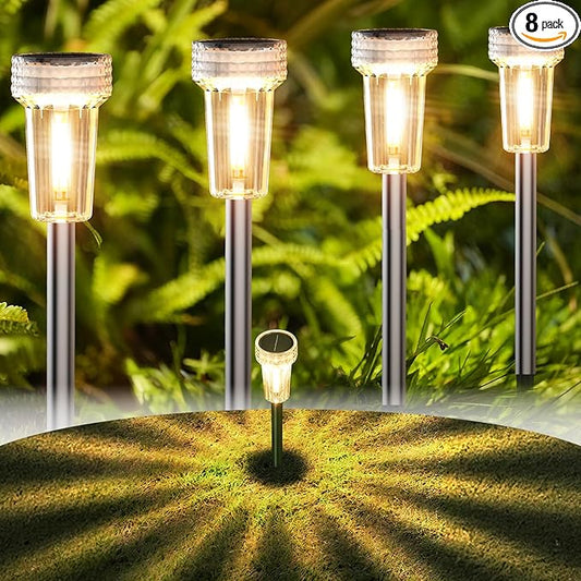 DERAYSION Solar Lights Outdoor, 8 Pack Solar Pathway Lights Waterproof Garden Lighting,Stainless Steel Pole Auto Dusk-to-Dawn Starburst for Path, Yard, Walkway, Driveway, Landscape(2700K Warm White) DERAYSIONSolarLighting