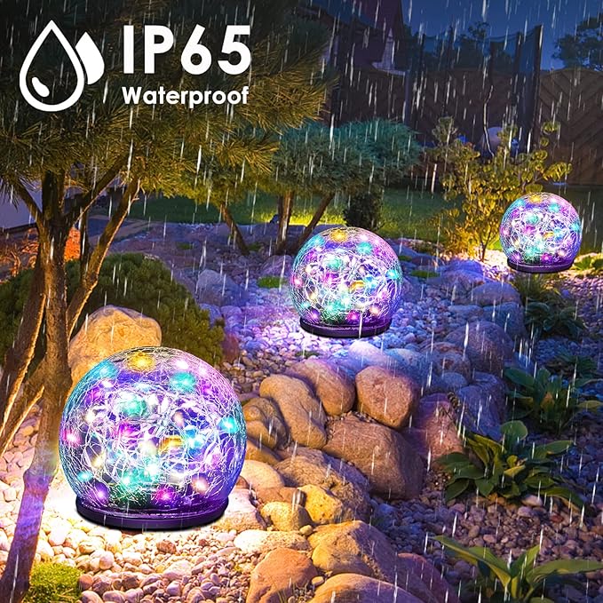2 Pack 60 LED Garden Solar Lights Outdoor Decorative, Colored Cracked Glass Solar Globe Lights, Upgraded Waterproof Multicolor Ball Lights for Yard Pathway Patio Lawn Outside Decor Keevvon