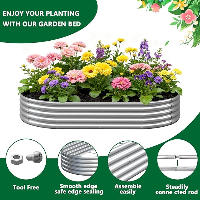 zizin 2 Pack Galvanized Raised Garden Bed Metal Oval Raised Garden Beds Outdoor Planter Box for Vegetables (8x4x1FT, Silver) zizin