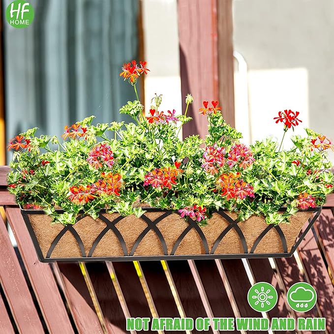 HFHOME 24 inch Window Deck Rail Planter with Coco Liner, 24" Dia Window Box Trough with Coconut Coir Liners, Black Metal Hanging Flower Planter Basket for Indoor Outdoor Lawn - Set of 4 HFHOME