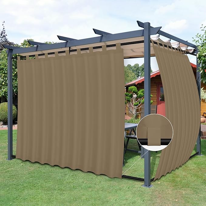 Easy-Going Outdoor Patio Curtains Detachable Tab Top Windproof Weatherproof Curtain for Cabana, Porch, Pergola and Gazebo, Tab Bottom Drape, 2 Panels, 110W x 120L inch, Khaki Easy-Going