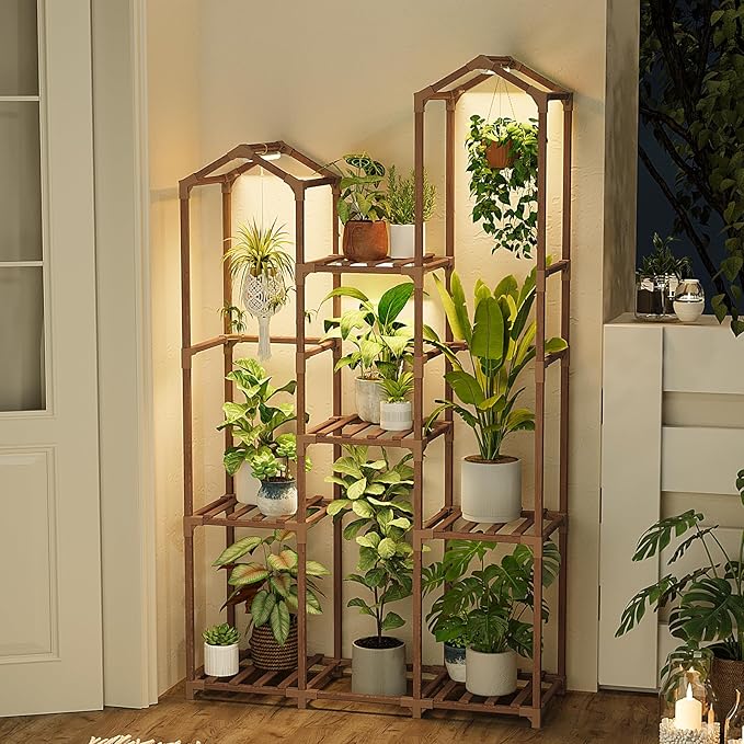 Bamworld Plant Stand with Grow Light Corner Plant Shelf Indoor with Lights Tall Plant Holder for Living Room Warm Light Plant Container Accessories for Mutiple Pots Patio Boho Home Decor for Gardening Bamworld