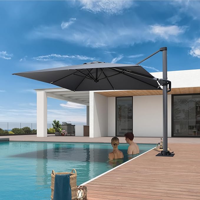 PURPLE LEAF 8' X 8' Patio Umbrella with Steel Plate Base for Pool 7' High Offset Outdoor Cantilever Umbrella Swimming Pool Umbrella with 360°Rotation for Poolside Light Grey PURPLELEAF
