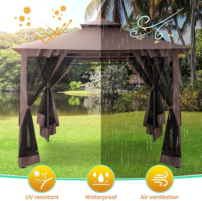 COBIZI Gazebo 10x10 Heavy Duty Gazebos with Improved Nettings Outdoor Gazebo Double Roof Patio Gazebos with Metal Steel Frame Outdoor Canopy for Patio, Deck, Backyard-Brown COBIZI