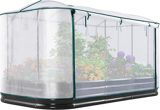 KING BIRD Raised Garden Bed with Cover Galvanized Oval Planter Garden Box Outdoor for Gardening, Vegetables, Flowers 94.5x47.2x11.8 in, White KINGBIRD