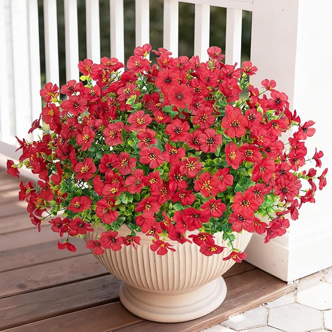 Bassion Artificial Flowers for Outdoors, 24 Bundles UV Resistant Fake Flowers Realistic Silk Faux Plants for Outdoor Planter Window Box Porch Patio Garden Home Outside Decorations Bassion