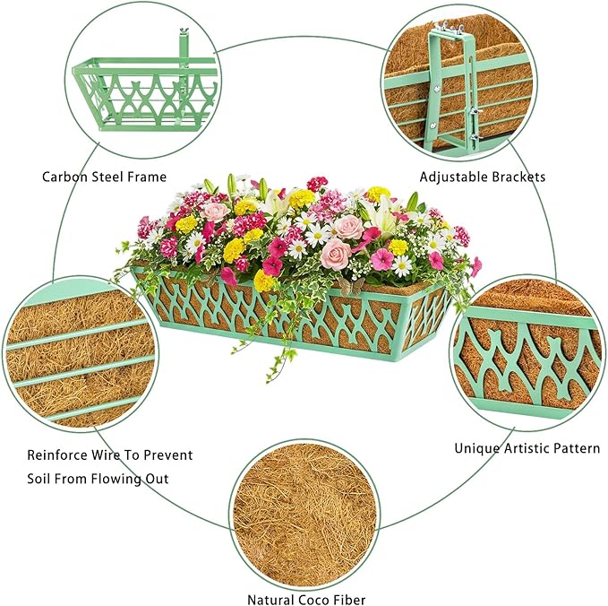 6 Pack 24 Inch Window Boxes Planters Railing Planter Box with Adjustable Brackets for Porch Fence Patio Balcony Hanging Flower Baskets with Coco Liners for Outdoor Garden Decor - Green KarlliuHOMEGARDEN