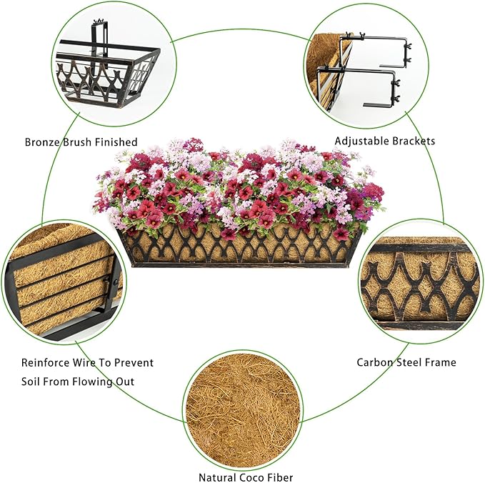 4 Pack 24 Inch Window Boxes Planters Railing Planter Box with Adjustable Brackets for Porch Fence Patio Balcony Hanging Flower Baskets with Coco Liners for Outdoor Garden Decor - Bronze KarlliuHOMEGARDEN
