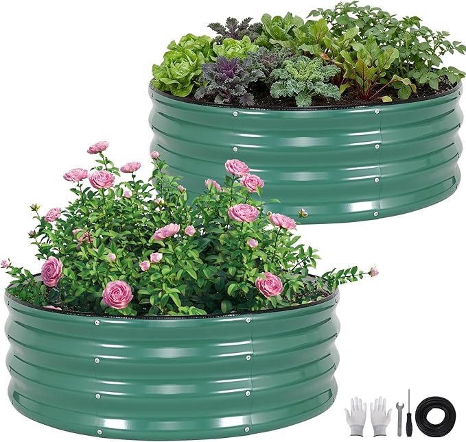 ZORMY Galvanized Raised Garden Bed Outdoor, Round Metal Planter Boxes 2 Pcs, 3x3x1ft Steel Raised Bed Kit for Planting Vegetables, Fruits, Flowers(LotusGreen) ZORMY