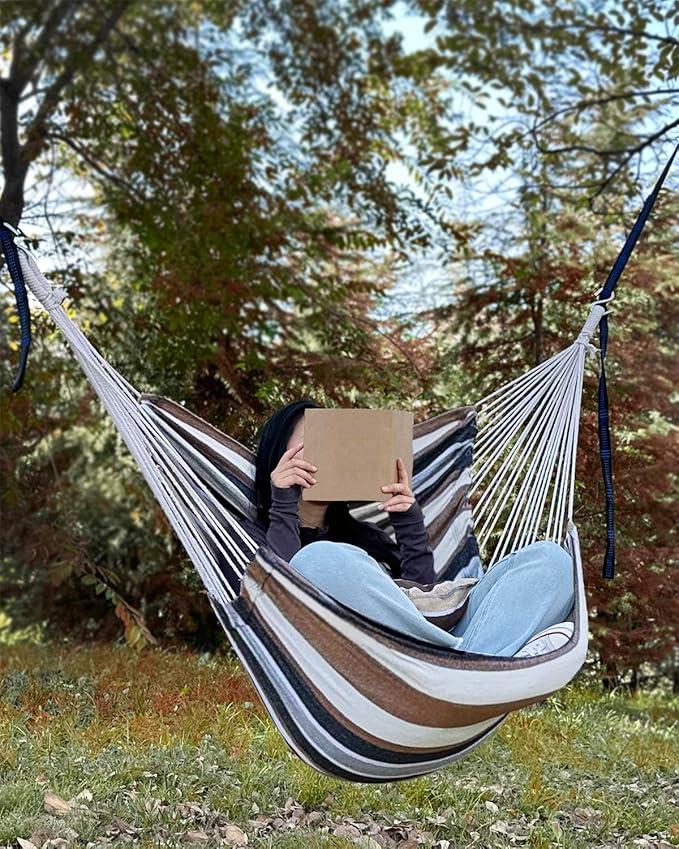 Halalona Hammock Chair Hanging Hammock Chair Rope Swing 2 Cushions Included-Sturdy & Durable Soft Cotton Hand Woven Hammock Swing for Bedroom, Porch, Patio-Indoor/Outdoor Halalona