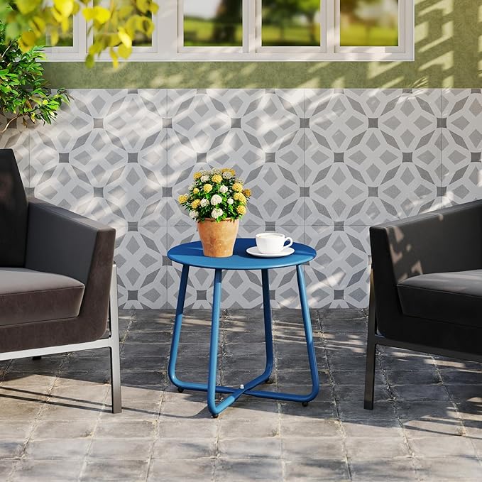HollyHOME Round Metal Side Table, Rust-Resistant Patio Small Plant Stand, Outdoor 17.32'' Portable End Table for Balconies, Gardens, Living Rooms and Bedrooms, Navy Blue HollyHOME