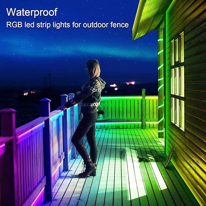 Outdoor LED Strip Lights Waterproof,IP68 Outside Led Light Strips Waterproof with Bluetooth App Remote Control,Music Sync RGB Exterior Led Rope Lights,for Balcony,Deck,Roof,Garden,Pool (300FT Outdoor) AILBTON