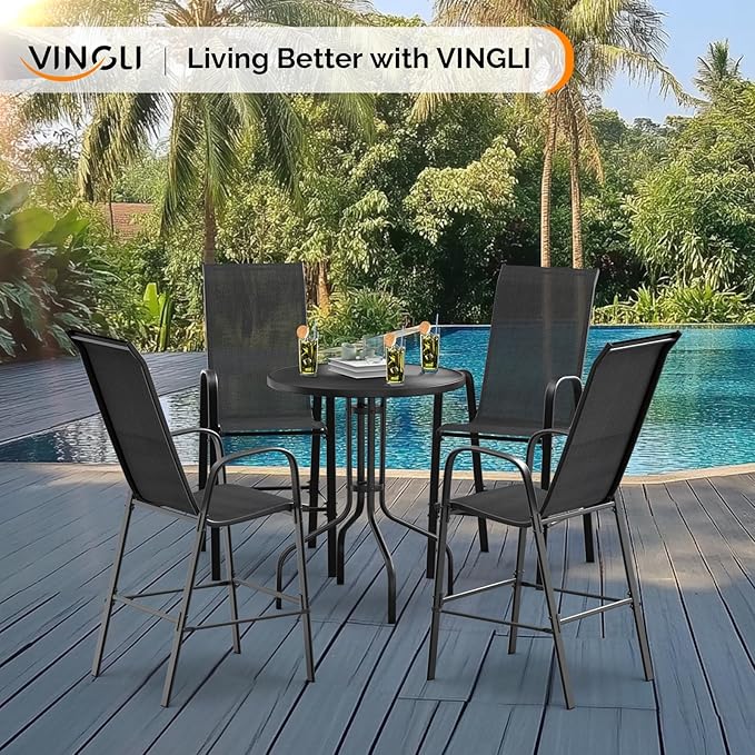 VINGLI Outdoor Bar Chairs Set of 6 – Stackable Outdoor Bar Stools with Sturdy Sling High Back and Armrests for Lawn, Courtyard, Garden, Bar, Black VINGLI