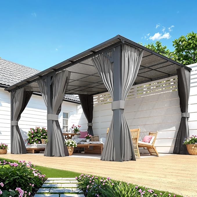 AECOJOY 14' x 12' Gazebo Outdoor Pergola with Curtains and Netting for Patio, Large Wall-Mounted Hardtop 12x14 Lean to Metal Heavy Duty Gazebo, Pergolas and Gazebos Clearance with Patio Roof Awnings AECOJOY