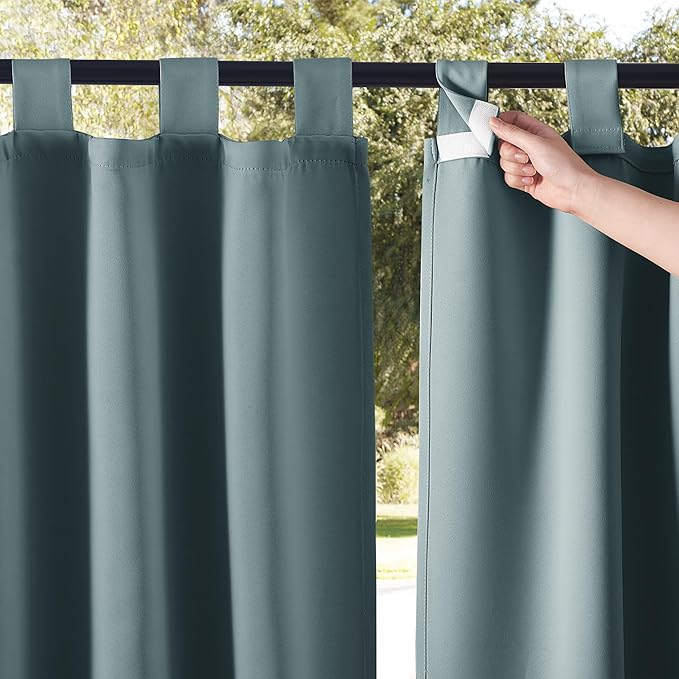 NICETOWN 2 Panels Greyish Blue Porch Curtainss Outdoor Waterproof for Patio, Self-Stick Tab Top Blackout Heat & Cold Block Indoor Outdoor Curtainss & Drapes Privacy for Pergola/Patio, W52 x L108 NICETOWN