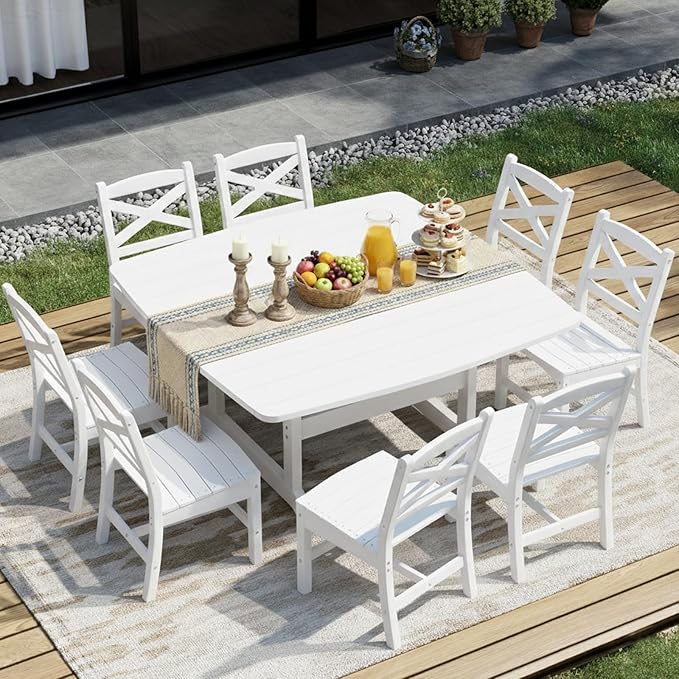 Outdoor Dining Set, HDPE 9-Piece Patio Table and Chairs Set, All-Weather Outdoor Dining Table Set for 8 with Umbrella Hole, Durable Patio Furniture Set with Chairs,White Rootora