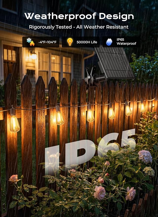 Brightown 108FT 50 LED Solar String Lights Outdoor Waterproof, Patio Lights with Remote, Dimmable & Timable, 3 Light Modes, Solar Lights Outdoor for Yard Camping Party Outside Brightown