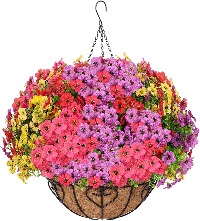 Artificial Hanging Flower for Outdoors, Fake Hanging Basket for Outside,1 Hanging Basket with 13 Pcs Faux Silk Flowers for Porch, Balcony and Patio Decor(Mixed) LetuoClipsClipsandHooks