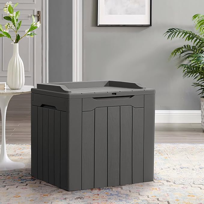 Flamaker Deck Box 31 Gallon Waterproof Resin Small Deck Box with Lid, Indoor Outdoor Package Delivery Box, Organization and Storage for Patio Furniture, Garden Tools, Outdoor Cushions (Grey) Flamaker