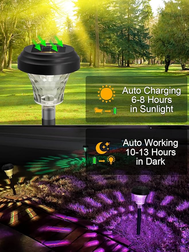 ROOR Solar Pathway Lights 16 Pack, Outdoor Solar Yard Lights, RGB Color Changing+Warm White, IP67 Waterproof LED Lights for Garden Path Backyard Christmas Lawn Landscape Decorative ROOR