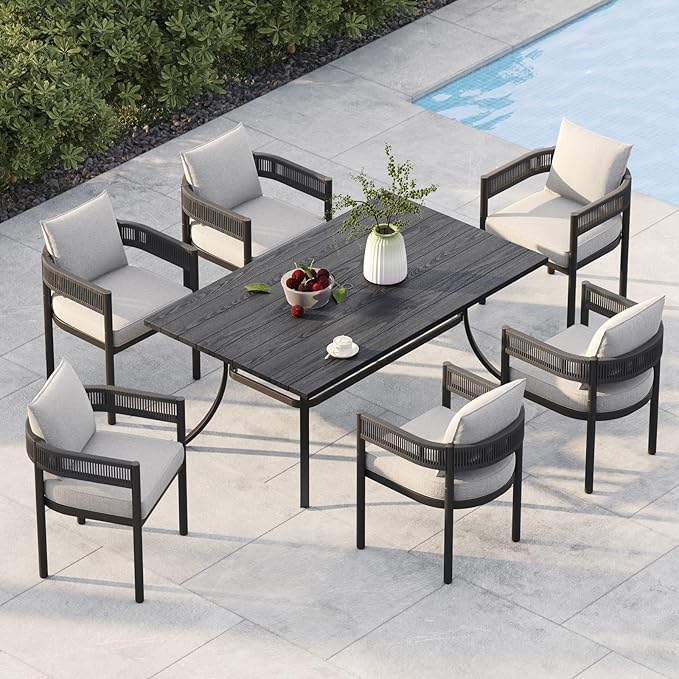 Grand patio Outdoor Dining Set, 7-Piece Patio Table and Chairs Set, Metal Woven Wicker Fixed Patio Chairs with Thickened Cushions & 1 Rectangular Woodgrain Dining Table with Umbrella Hole (Black) GrandPatio