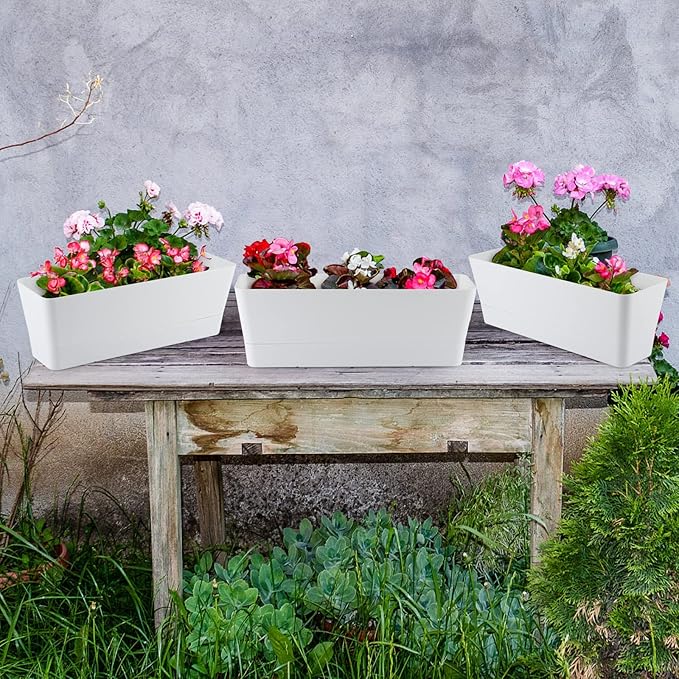 Skelang 3 Pcs Rectangular Plant Pot, 12" Flower Planter Box, Windowsill Container for Succulent, Herb, Vegetable (White) Skelang