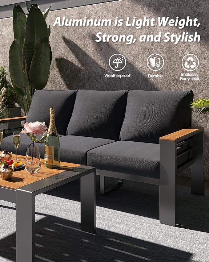 Aoxun Aluminum Outdoor Patio Furniture Set, 5 Seats Outdoor Sectional with Coffee Table, Patio Conversation Sets with Upgraded Armrests and Cushions for Backyard, Garden and Poolside Aoxun
