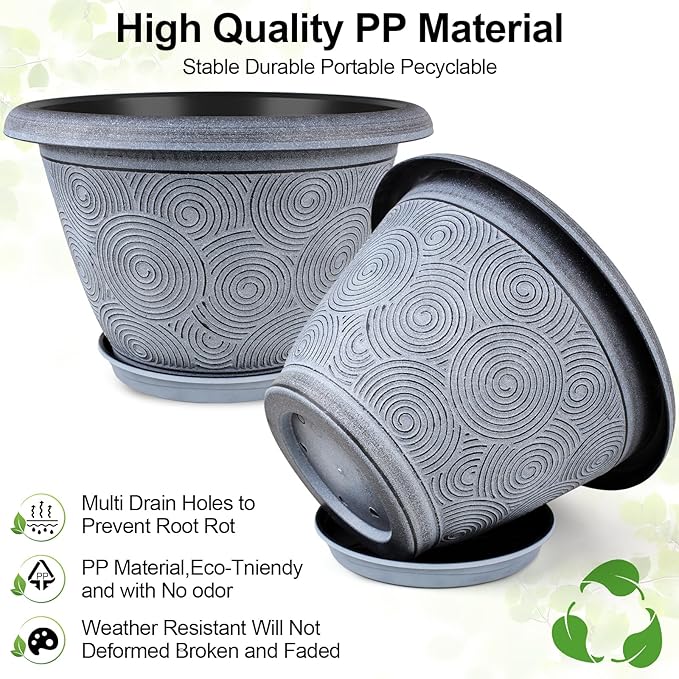 14 Inch Large Planter Pot for Plants Indoor Outdoor, 4 Pack Plastic Flower Pots with Drainage Hole & Tray, Modern Decorative Garden Pot with Saucer, Plant Container for House Fodetyff