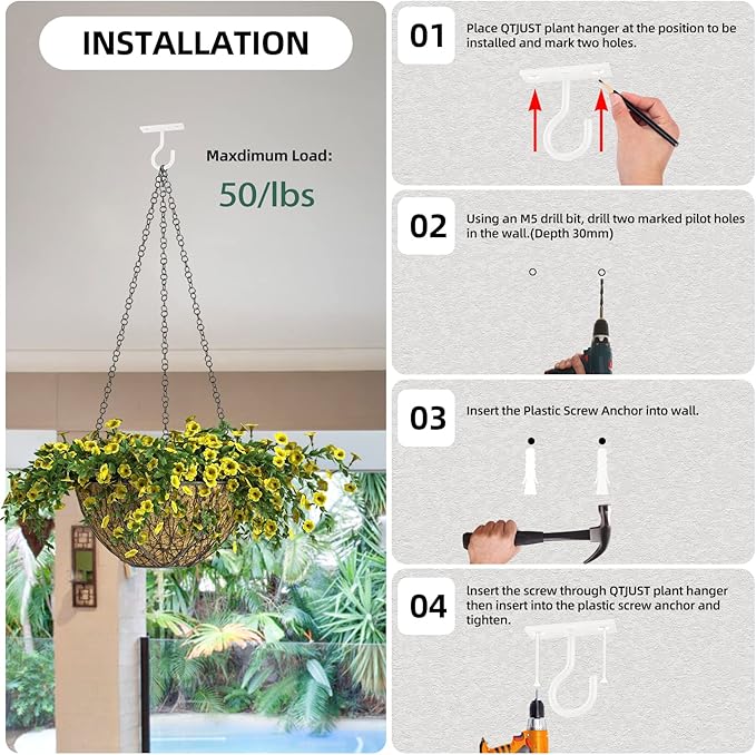 Plant Hooks for Hanging Plant Bracket 6inch Metal Plant Hanger Decorative Wall-Plant Wall Hanger forHanging Lanterns, Bird Feeder, Flower Basket, Home Decor Indoor & Outdoor 2 Pack(White) QTJUST