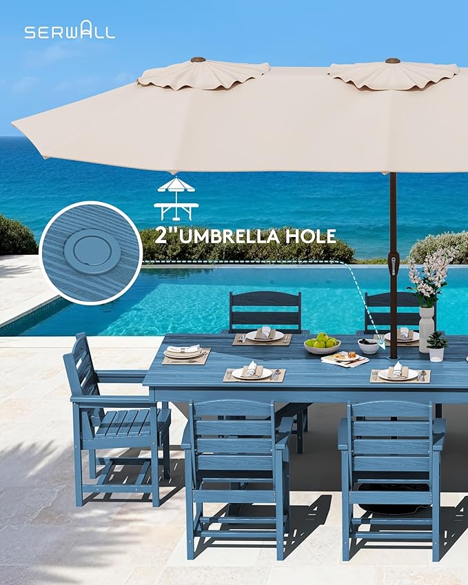 SERWALL 9 Piece Outdoor Dining Set, 84" HDPE Outdoor Table and Chairs for 8，All Weather Patio Furniture Set with Umbrella Hole for Backyard, Garden, Blue SERWALL