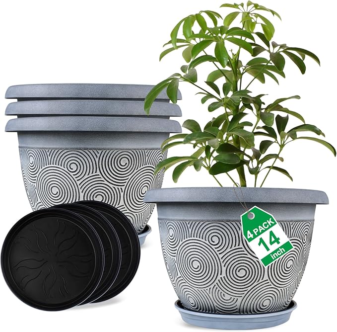 14 Inch Large Planter Pot for Plants Indoor Outdoor, 4 Pack Plastic Flower Pots with Drainage Hole & Tray, Modern Decorative Garden Pot with Saucer, Plant Container for House Fodetyff