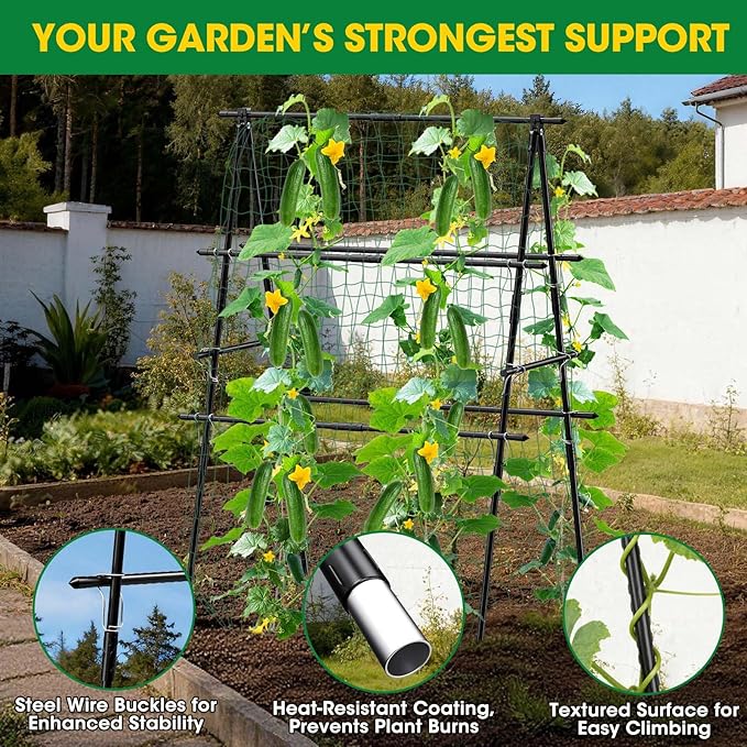 Cucumber Trellis, 31''X47'' A-Frame Cucumber Trellis for Raised Bed with Climbing Net, Metal Garden Trellis for Climbing Plants for Cucumber,Tomato, Grapes and Flowers MQHUAYU