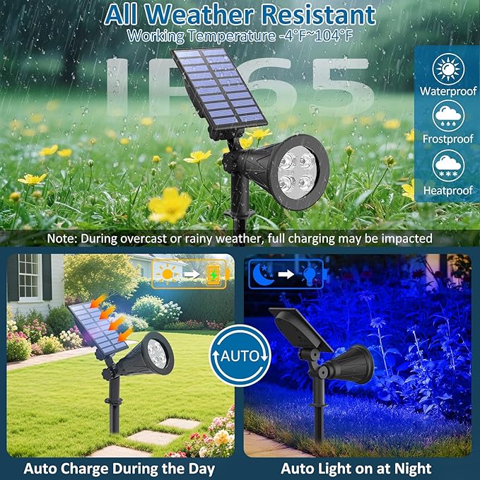 T-SUNUS Christmas Solar Landscape Spotlights Outdoor IP65 Waterproof Blue Spot Lights Outside Auto On/Off Yard Lighting 2 Modes for Tree Driveway Garden Flag Pond Pool Statue Backyard Halloween 4 Pack T-SUNUSLighting