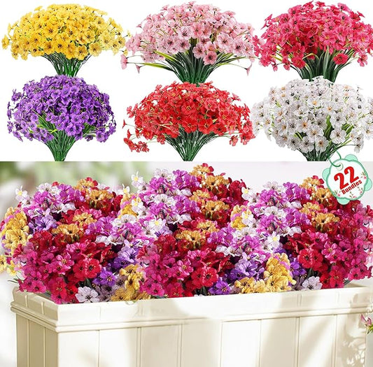 22 Pack Artificial Flowers for Outdoor Indoor Fake Plants, Faux Silk Flowers for Outdoors Outside Front Porch Hanging Planter Window Box Garden Spring Decoration(Multi-Colour) Powbrace