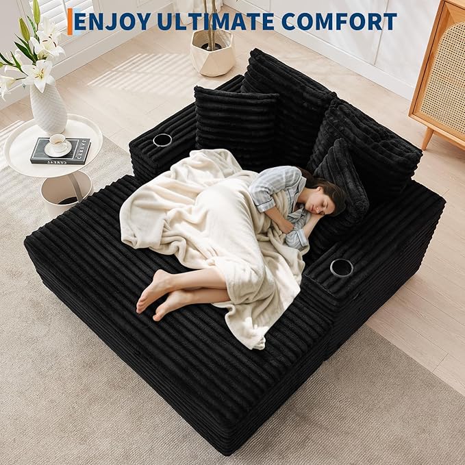 GarveeHome Oversized Chaise Lounge Chair Indoor, 56x60 in Comfortable Corduroy Lounge Sofa with Charging Ports & Cup Holders, Cozy Reading Couch for Bedroom Living Room Apartment, Black GarveeHome