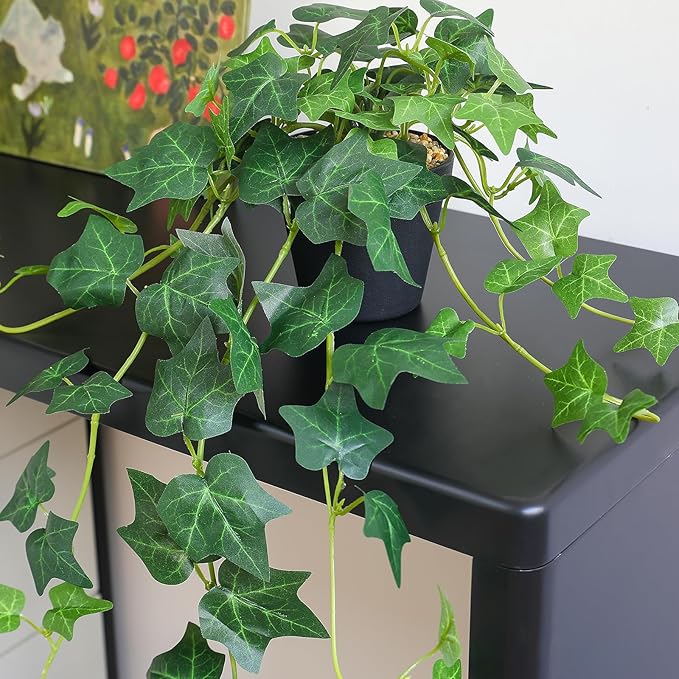 Fake English Ivy Plants in Pots Set of 2 – Realistic Artificial Ivy Greenery for Home Decor, Tabletop, Office, Shelf, Balcony or Bathroom – Lifelike Faux Hanging Vines, No Maintenance Required ALYPTUS