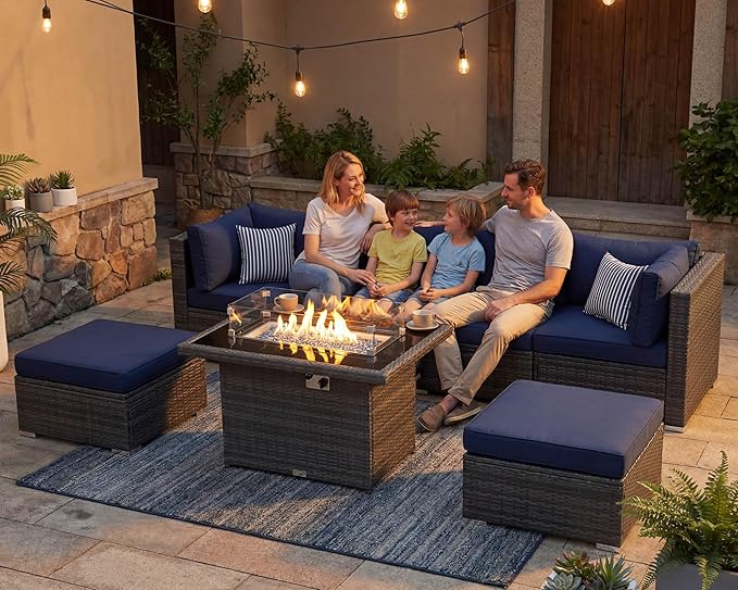 NICESOUL 7 Piece Outdoor Sectional Sofa Set with Firepit Natural Gas & Propane Convertible, Oversized Deep Seating Patio Furniture for Tall Person, 2 Color Cushion Navy & Gray for Easy Maintenance NICESOUL