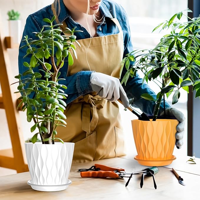 6 Pack 6 Inch Indoor Plant Pots with Drainage Holes, Outdoor Plastic Decorative Flower Pots, Garden Planters with Tray Saucers for Orchids, Violets, Succulents, Herbs, and Other Plants Rootora