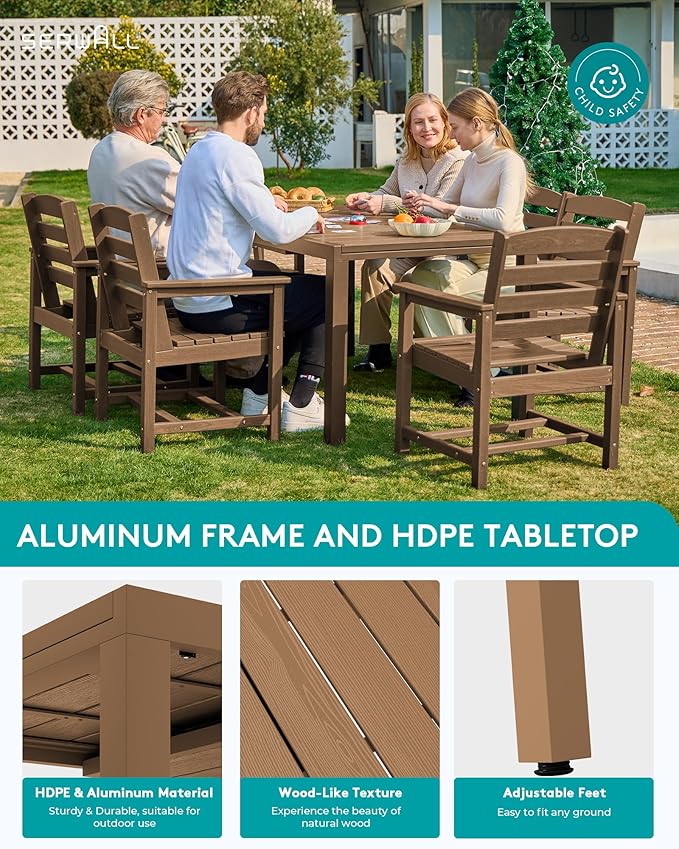 SERWALL 7-Piece Patio Dining Sets, 60" - 83" Expandable Outdoor Dining Table and 6 HDPE Chairs, All Weather HDPE Outdoor Furniture Set for Backyard, Garden, Brown SERWALL