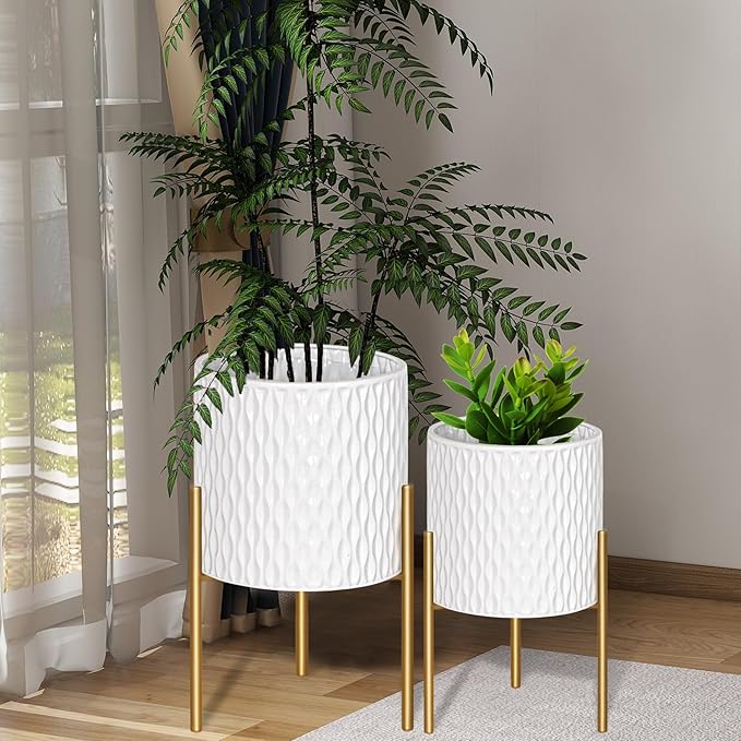 ARNIS Plants Pots with Stand, Set of 2 Planters, Unique Mid Century Decorative Metal Flower Pots with Drainage, 10.5 & 12.25 Inch, White and Gold ARNIS