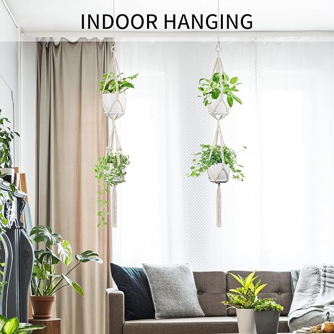 Macrame Plant Hanger - Fits 4 to 8 inches Pots for Indoor Outdoor, 49 Inch, Set of 2, Ivory (POTS NOT Included) IDEEEPAN