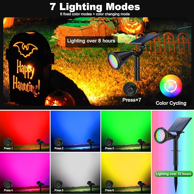 Color Changing Solar Spot Lights Outdoor Waterproof 180° Adjustable Colored RGB Solar Powered Landscape Lights for Yard 7 Lighting Modes Solar Spotlights for Pathway Garden Outside (2 Pack) TadyrealSolarLights
