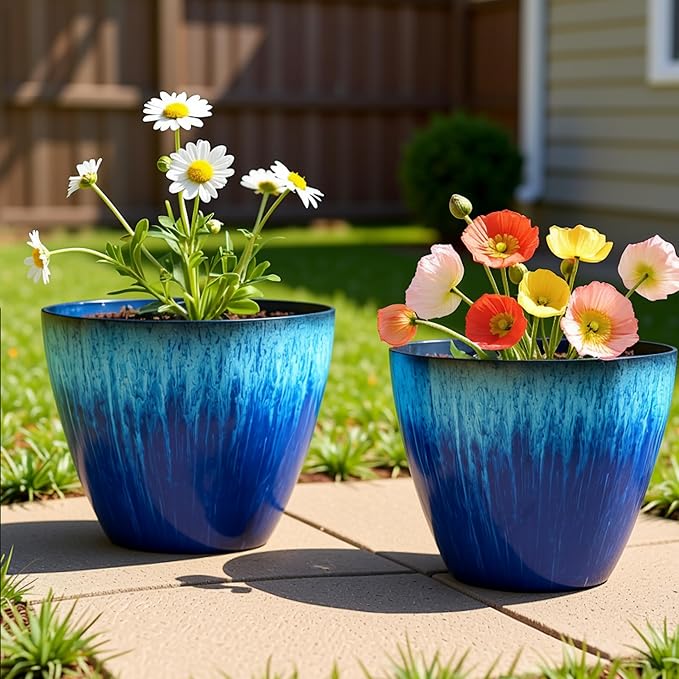Pack of 2 Flower Pots, Plastic Plant Pots with Drainage Holes, 8 inch Modern Glossy Finishing Planter for Indoor Outdoor Plants (Blue Glaze, 2 Pack) LesOasis