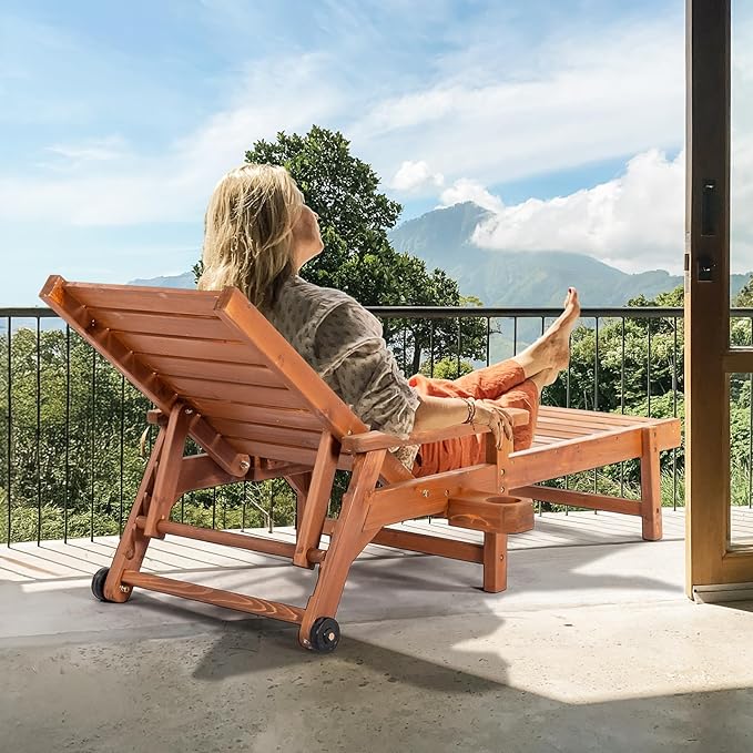 VINGLI Outdoor Chaise Lounge Chair, Wooden Patio Lounger Chair with Adjustable Backrest, Pool Chaise Lounge with Cup Holder & Wheels for Sunbathing Poolside Beach, Brown VINGLI