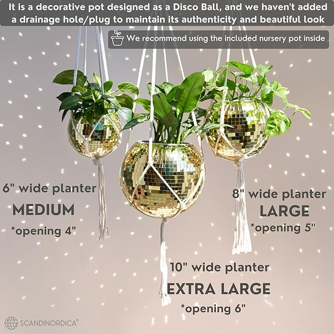 SCANDINORDICA Disco Ball Planter – Value Package: Mirror Disco Planter with Chain, Macrame Hanger and Acrylic Stand for Desk, Includes Self Watering Pot, Plant Accessories | 10 inch Gold SCANDINORDICA