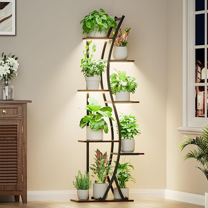 62“ Plant Stand Indoor with Grow Lights - 7 Tiered Tall Metal Plant Shelf - Corner Wooden Plant Stand for Indoor Plants Multiple, Large S-Shape Flower Rack Holder for Living Room, Garden, Patio Decor MJOMKN