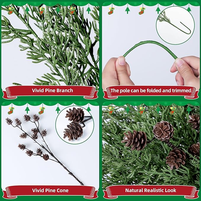 Faux Cedar Stems Artificial Norfolk Pine Branches for Christmas Decor, 12 PCS Fake Pine Stems with 2 PCS Pine Cones Branches Real Touch Realistic Faux Greenery for Vases DIY Garland Xmas Table Indoor Ivydale