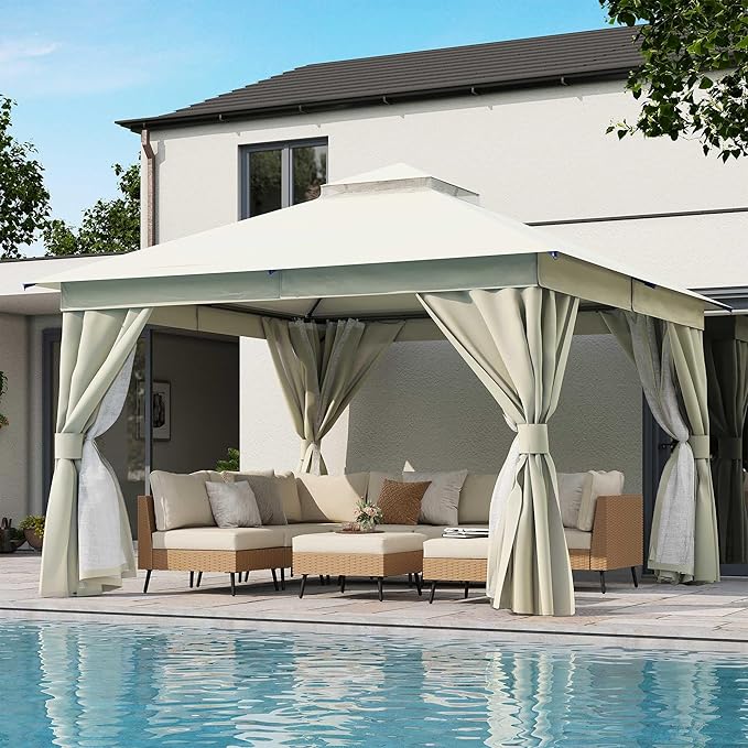 LAUSAINT HOME Semi-Permanent Outdoor Patio Gazebo 12'x12', Heavy Duty Party Tent Shelter with Double Roofs, Mosquito Nettings and Privacy Screens for Backyard, Garden, Lawn, Cream White LAUSAINTHOME